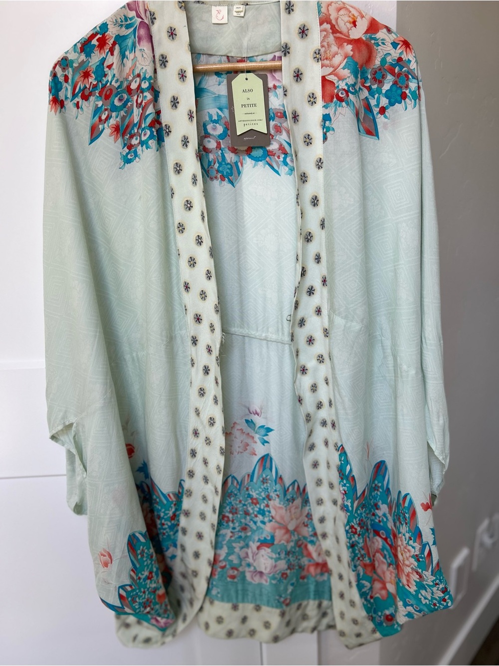 NWT Anthropologie Mint Floral Open-Front Kimono with Coral & Teal Accents
